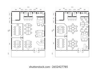 Conjunto de planta de escritório moderno. 2 Layouts Diversos com Recepção, Espaços de Trabalho, Sala de Reunião e Instalações. 21