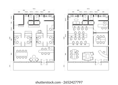 Conjunto de planta de escritório moderno. 2 Layouts Diversos com Recepção, Espaços de Trabalho, Sala de Reunião e Instalações. 20.