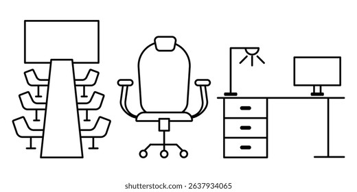 Modern office furniture with conference room desk rolling chair workspace setup table lamp monitor cabinet icon set line art.