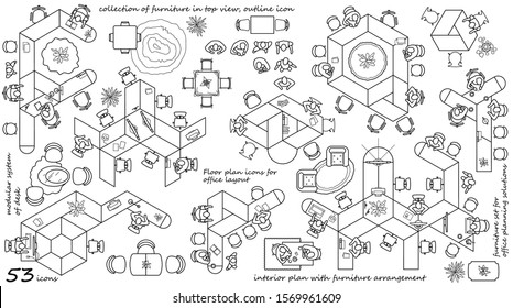 Modern office furniture icons in top view, vector floor plan collection. Contemporary workplace interior design elements. Desks with chairs, working person and computers for working space. 