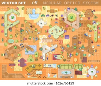 Modern office furniture icons in top view, vector floor plan collection. Contemporary workplace interior design elements. Desks with chairs, working person and computers for working space. 