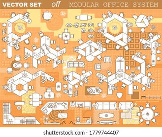 Modern office furniture icons in top view, vector floor plan collection. Contemporary workplace interior design elements. Desks with chairs, working person and computers for working space. 