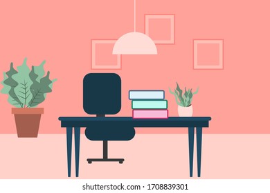 Modern office with furniture and plant on the floor. Workplace Interior flat vector illustration.