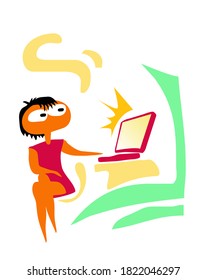 Modern office. Girl in the office at the computer. Vector image for illustrations.