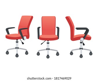 Modern office or home chair with red color textile and wheels guest ergonomic chair flat vector illustration isolated on white background