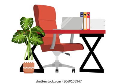 Modern Office home freelance desk with modern table chair and with pc laptop computer house plant some paper pile folders files