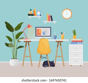 Modern office or home workplace design. Interior with desk, plants, computer, PC, documents, books, shelves, pet. Home office and working from home concept. Interior for freelancer