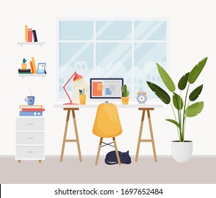 Modern office or home workplace design. Interior with desk, plants, computer, PC, documents, books, window, pet, chair. Home office and working from home concept. Interior for freelancer