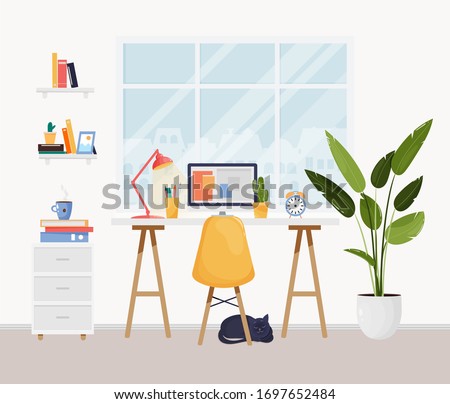 Modern office or home workplace design. Interior with desk, plants, computer, PC, documents, books, window, pet, chair. Home office and working from home concept. Interior for freelancer