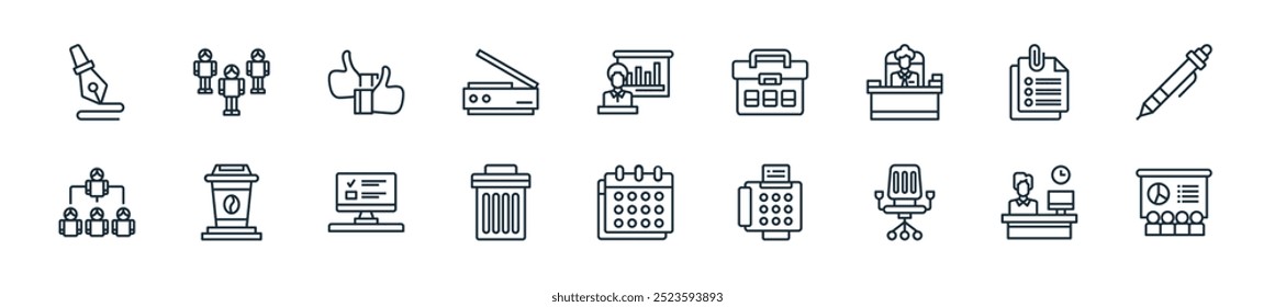 modern office icon pack. perfect for linear ui designs featuring vector team, receptionist, office chair, telephone, calendar, delete, list and more icons for mobile and web apps.