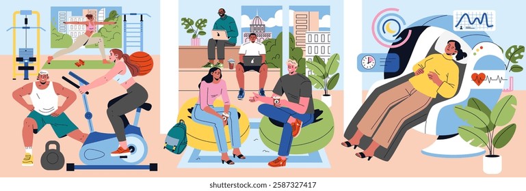 Modern Office Illustration. Represents a healthy work-life balance with fitness activities, collaboration in casual settings, and relaxation. Ideal for emphasizing wellness culture in workspaces