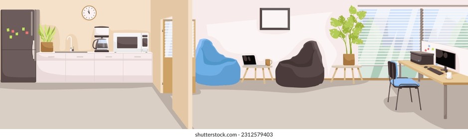 Modern office interior with big windows. Office furniture and plant on the floor. Workplace open space in big urban city. Nobody in empty room. Panoramic view of corporate. Flat Vector illustration
