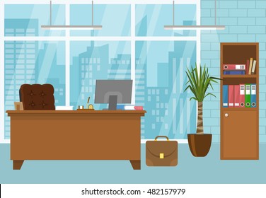 Modern office interior in blue color with brown furniture french window with city scenery vector illustration  