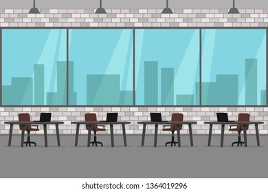 Modern office interior with brick wall and panoramic window. Vector illustration.