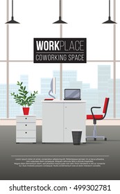 Modern office interior coworking space, workplace in corporate style.  Designer desktop, laptop, chair in flat design. Vector illustration. Working place in modern office interior