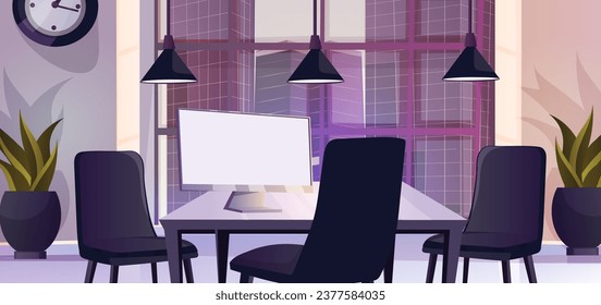 Moderno interior de oficina. Diseño de dibujos animados. Gran ventana panorámica con vistas al rascacielos de la ciudad. Mesa con monitor de escritorio y sillón. Relojes en la pared. Concepto de sala de reuniones. Ilustración del vector