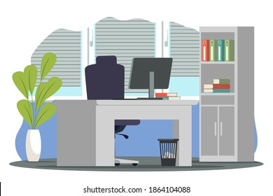Modern office interior design background. Room for work with armchair, table with computer monitor and books, cupboard with books and binders, plant. Area for working vector illustration.