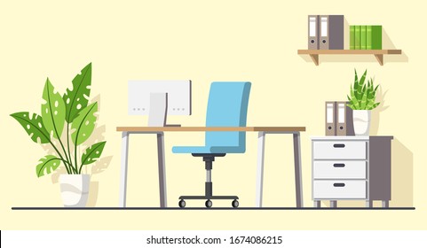 Modern office, interior design. Desk with Computer. Modern flat concept for workspace, web, background and templates. Vector illustration with separate layers.