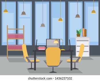 Modern office interior design flat illustration. Coworking open space, contemporary building workplace with table, chairs and monitors on desktop furniture. CEO, company boss private office