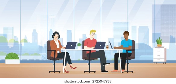 moderne büro innenarchitektur fenster wand Coworking raum mit menschen arbeiten moderne büro innenarchitektur pflanzen kunst