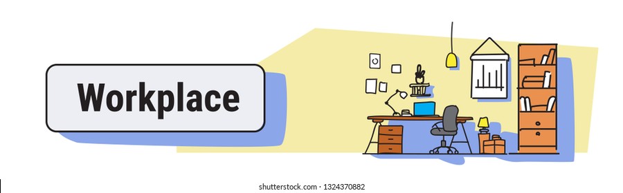 modern office interior design workplace desk concept working cabinet furniture sketch doodle horizontal banner