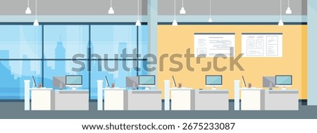 Modern office interior design workspace computer desk monitor window wall floor light 