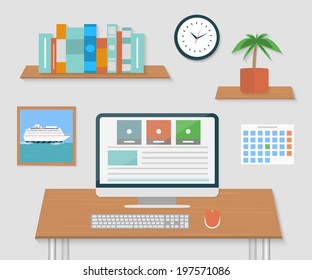Modern office interior with designer desktop in flat design