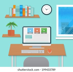 Modern office interior with designer desktop in flat design