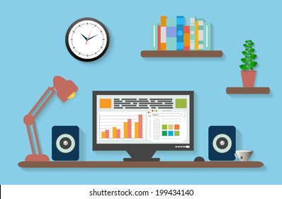Modern office interior with designer desktop in flat design