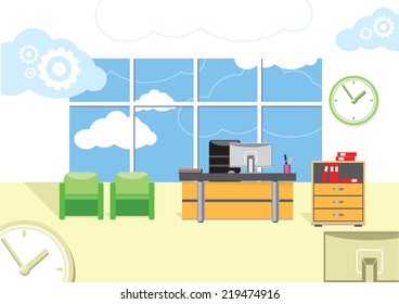Modern office interior with designer desktop in flat design. Modern business workspace in the office with window