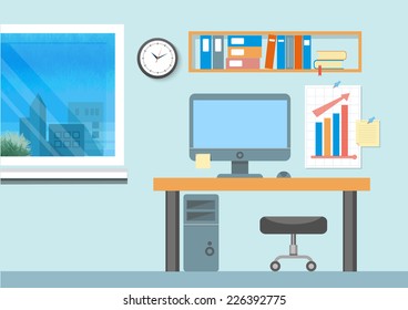 Modern office interior with designer desktop in flat design. Modern business workspace in the office with window
