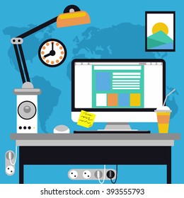 Modern office interior with designer desktop in flat design. Interior office room space. Vector illustration. Working place in modern office interior. Computer monitor on desk