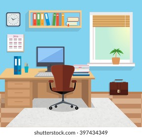 Modern office interior with designer desktop in flat design. Interior office room. Office space. Vector illustration. Working place in office interior workplace