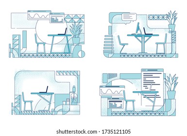 Modern office interior designs outline vector illustrations set. Business rooms contour compositions on white background. Sales analyst, programmer workplace simple style drawings collection