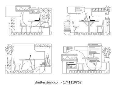 Los diseños modernos de interiores de oficina esbozan ilustraciones vectoriales establecidas. Composiciones de perfil personal del CEO de la empresa en el lugar de trabajo sobre fondo blanco. Analistas de ventas escritorios de diseño simple colección de dibujos