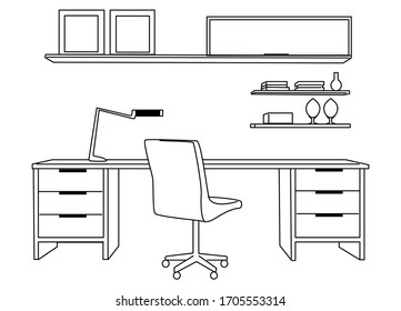 Modern office interior with desk in flat design. Interior office room. Office space. Interior office workplace.