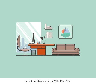 Modern office interior with desktop in flat design. Business workspace