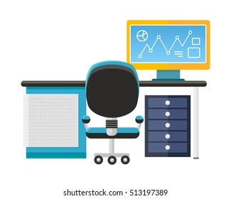 Modern office interior with desktop in flat design. Room space. Working place
