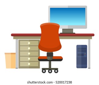 Modern office interior with desktop in flat design. Room space. Working place
