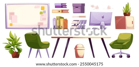 Modern office interior elements with workspace furniture - boss chairs and desk, computer monitor, cabinet storage. Professional setup of executive room workplace with document folders and whiteboard.