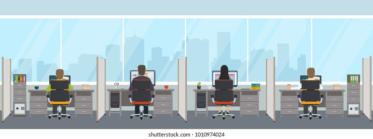 Modern office interior with employees. Office space with panoramic windows.