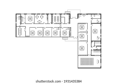 Modern office interior with furniture isolated on white. Vector blueprint. Architectural background. 