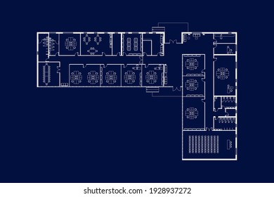 Modern office interior with furniture. Vector blueprint. Architectural background. 