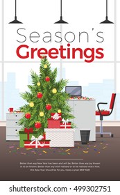 Modern office interior Happy New year and Christmas party holidays corporate celebrations. Designer desktop, laptop, chair in flat design. Vector illustration. Working place in modern office interior