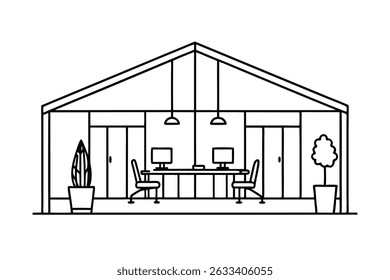 Modern office interior illustration with computers desk chairs and plants simple line art style