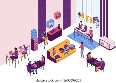 Modern office interior with kitchen and coffee machine, freelancer with laptop sitting on sofa at co working space, graphic vector illustration