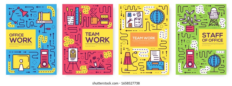 Modern office interior landscape concept. Thin line icons with flat background design. Place for work. workplace designer and it people room
