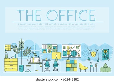 Modern office interior landscape concept. Thin line icons with flat background design. Place for work. workplace designer and it people room