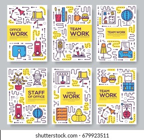 Modern office interior landscape concept. Thin line icons with flat background design. Place for work. workplace designer and it people room