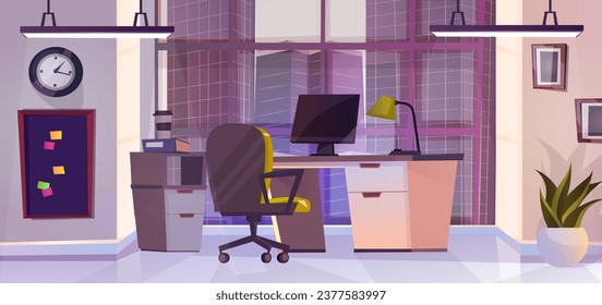 Moderno interior de oficina. Gran ventana panorámica con vistas al rascacielos de la ciudad. Diseño de dibujos animados. Escritorio con ordenador y sillón. Cartel en la pared. Planta de la casa. Concepto de director. Ilustración del vector